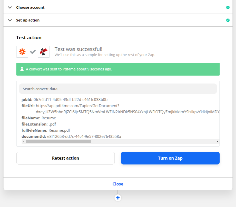 Klik untuk memperbesar Hasil uji konversi aksi PDF4me